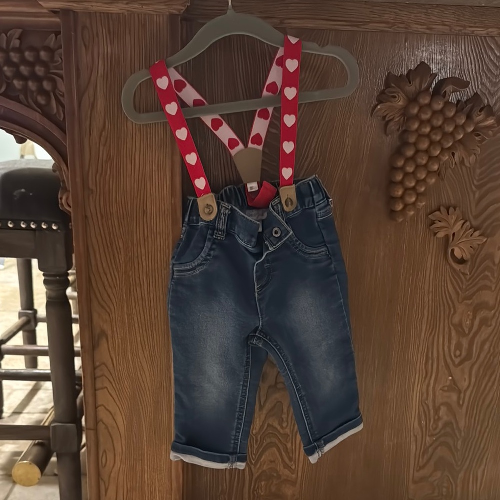 Kids Denim Jeans with Red Heart Suspenders